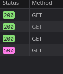A list of HTTP status codes from network requests, the last of which is a 500 error.