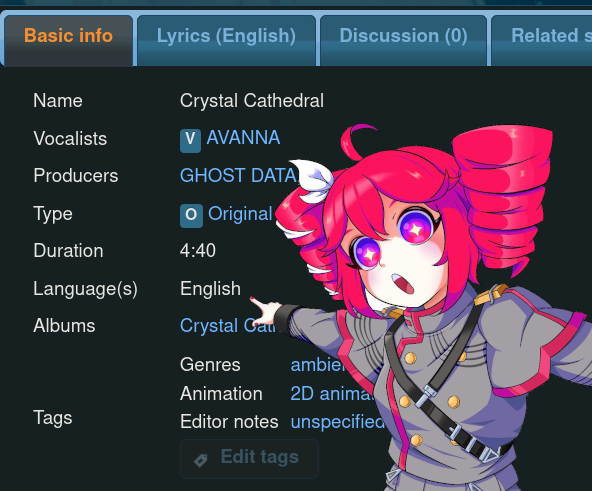 Kasane Teto pointing at the language field on a VocaDB song page.
